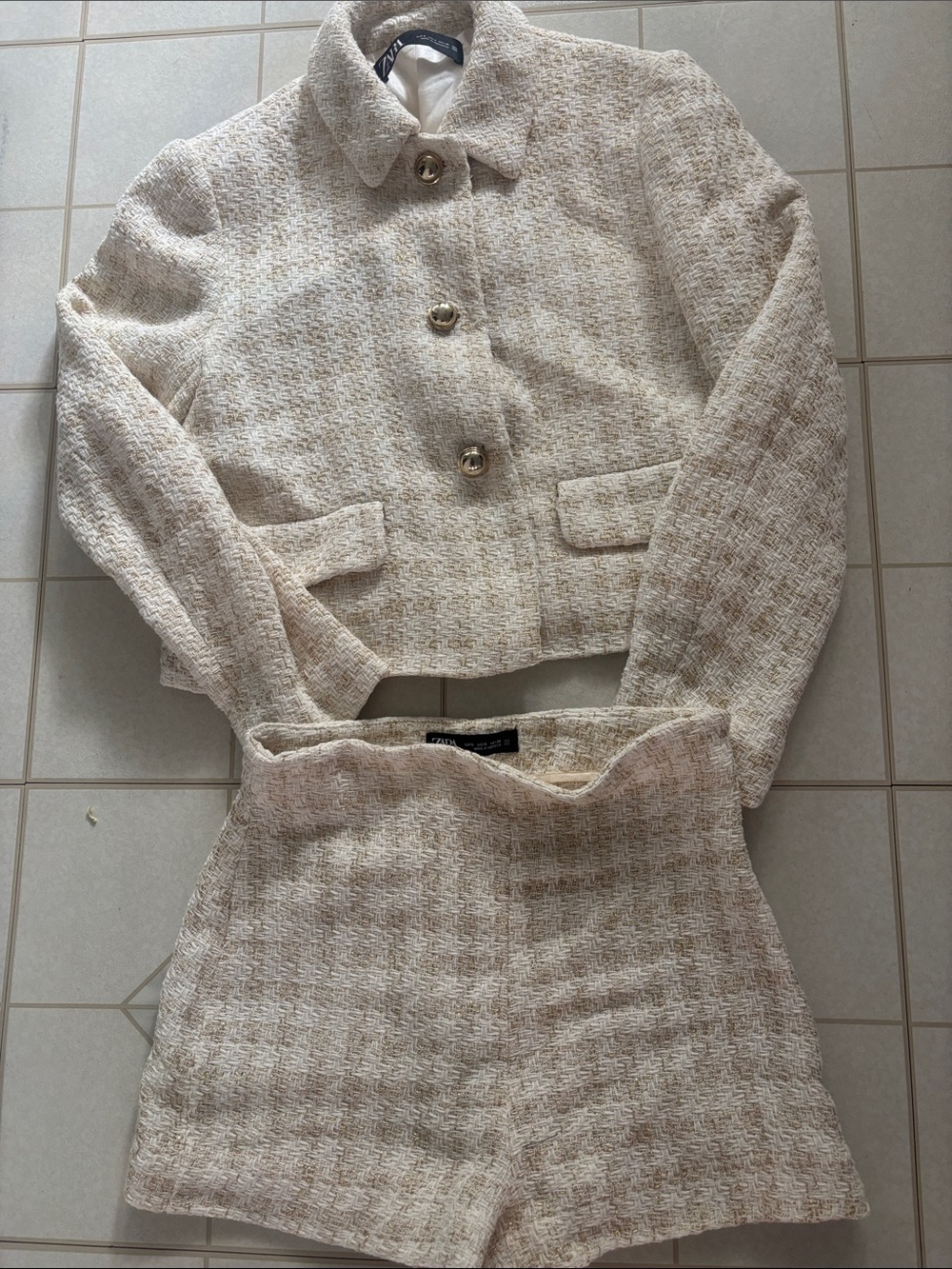 Zara Cream Tweed Two-Piece Blazer Jacket and Shorts Set
